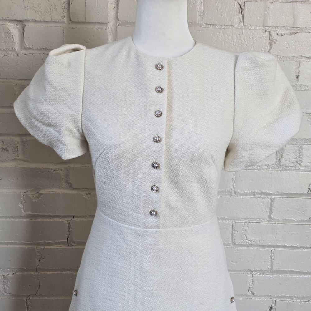 ​o.p.t Cream Wool Blend Pearl Button Puff Sleeve Mini Dress Size 4 Ivory Tweed - Picture 5 of 15